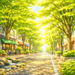 街中にある新緑の街路樹から光が差し込む風景
