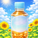 夏の太陽の下で咲き誇る向日葵と提供する麦茶ドリンクのイラスト