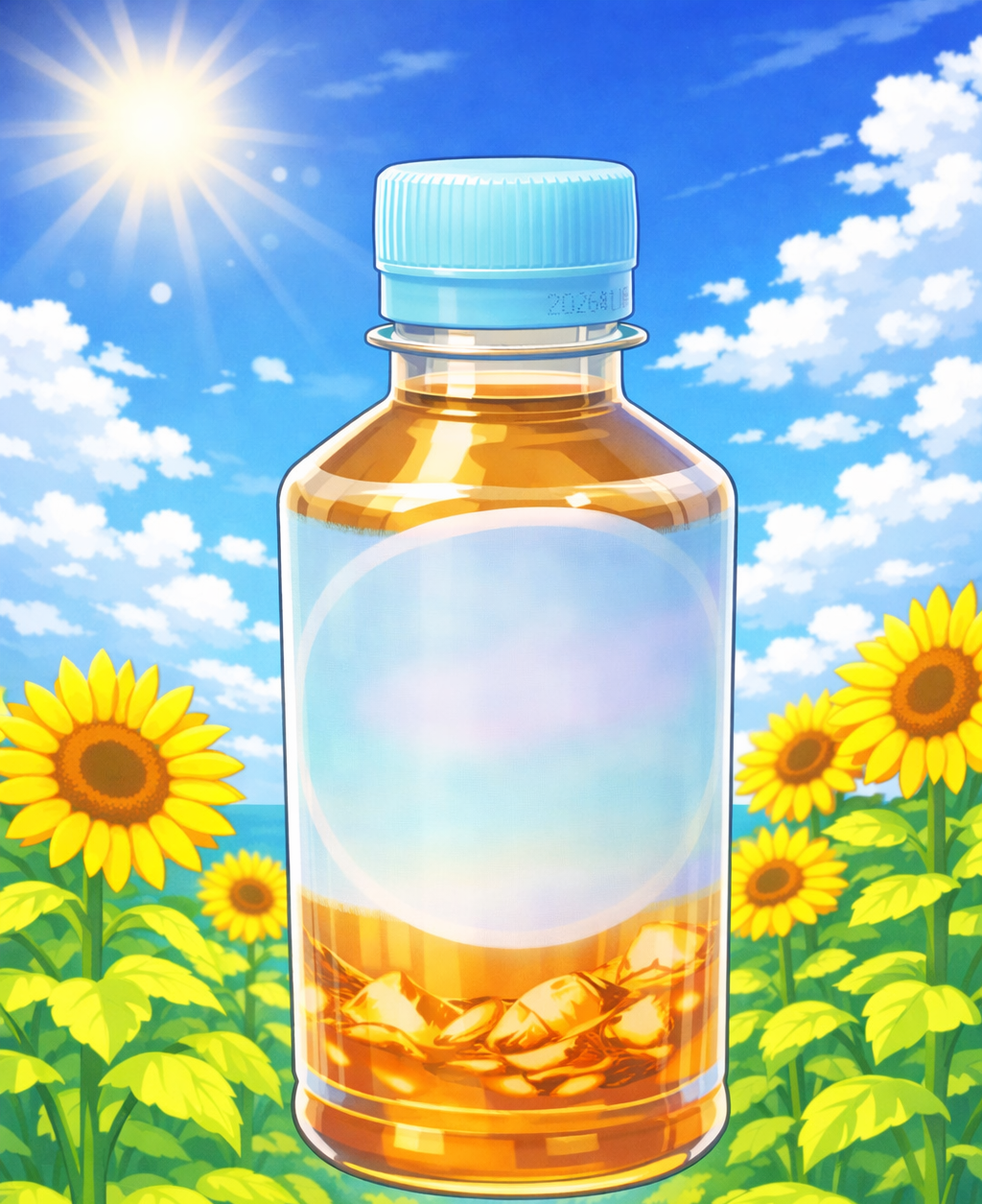 夏の太陽の下で咲き誇る向日葵と提供する麦茶ドリンクのイラスト