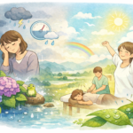雨の日は心もカラダも沈みがちな女性。マッサージを受けて晴れやかな天気のようにスッキリした様子の女性。