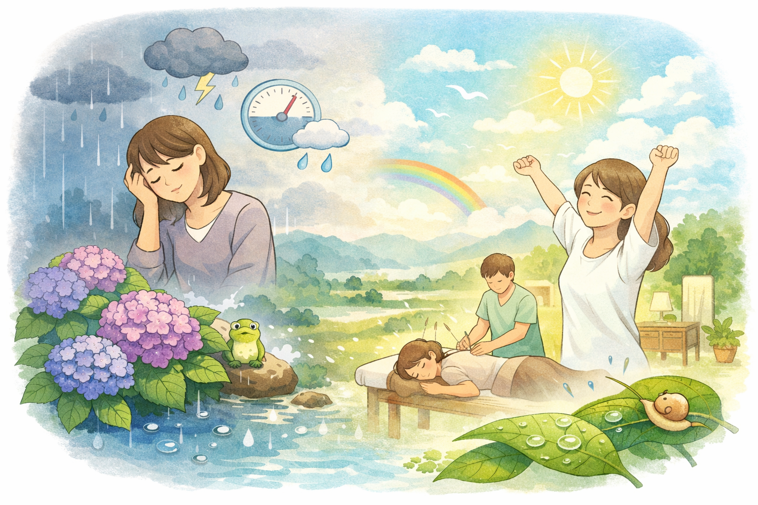 雨の日は心もカラダも沈みがちな女性。マッサージを受けて晴れやかな天気のようにスッキリした様子の女性。